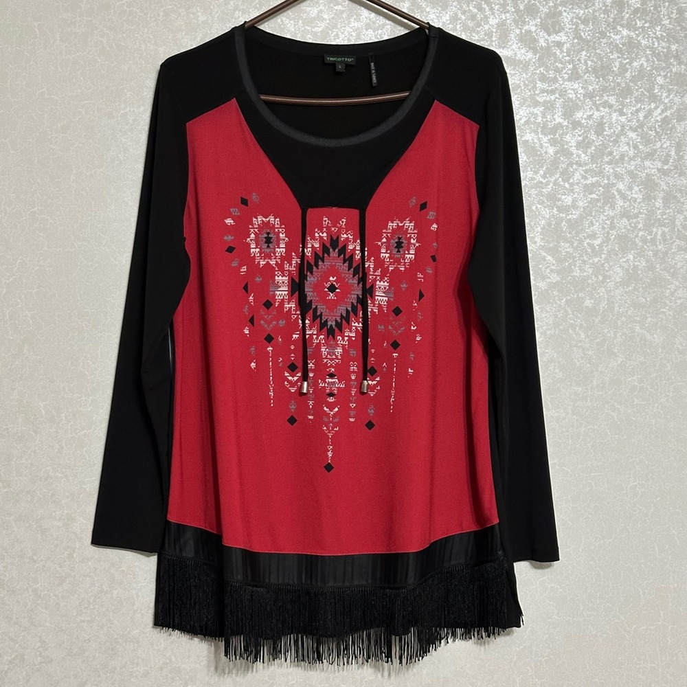 Tricotto Southwestern Graphic Fringe Hem Long Sleeve Boho Tunic Top Red Black L